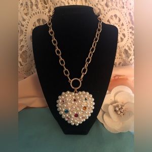 NWT Betsey Johnston Pearl & Crystal Adorned Heart Pendant